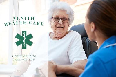 care staff sitting with older lady, Zenith Healthcare logo over laid